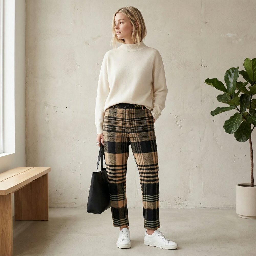 Vintage Woolrich Plaid Wool Pants | Tan Black Tartan | Size 14